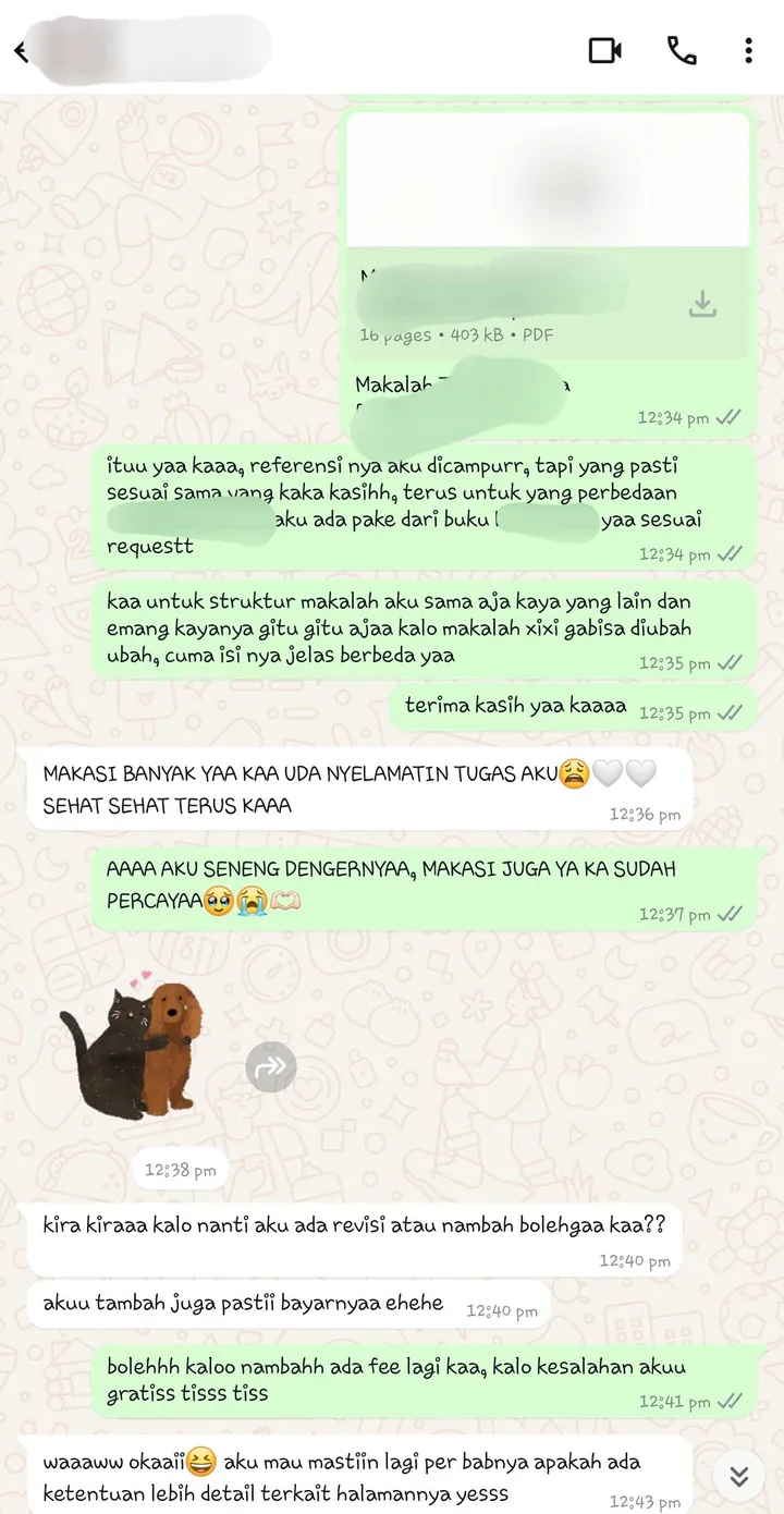 Screenshot chat pelanggan setelah menerima makalah dan membahas revisi